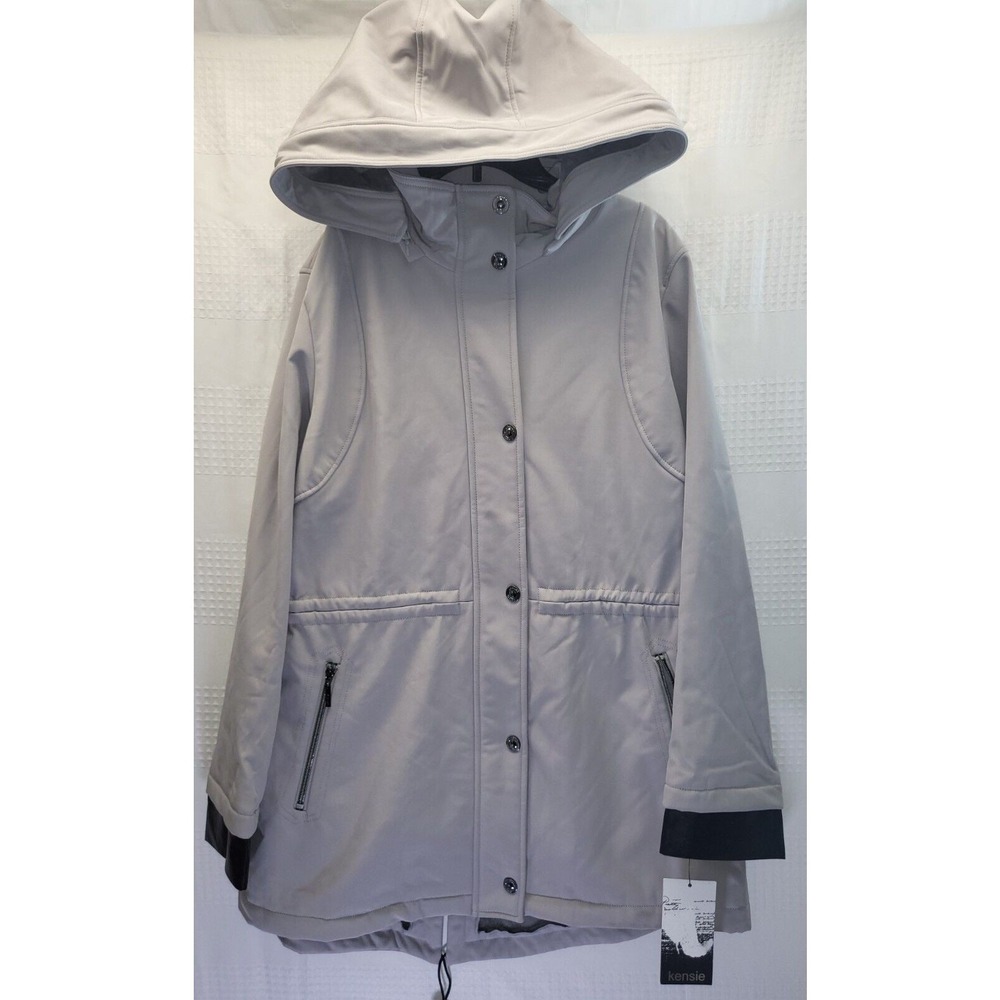 Kensie Womens Gray Anorak Jacket XL Hooded Drawstring Waist Leather Trim